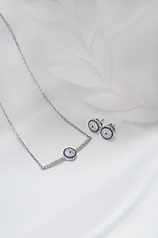 White Finish Electric Blue Crystal Evil Eye Pendant Necklace Set In Sterling Silver