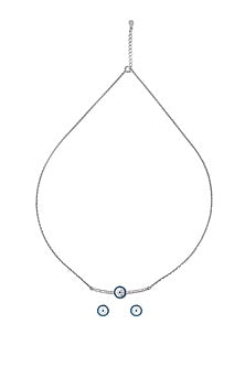 White Finish Electric Blue Crystal Evil Eye Pendant Necklace Set In Sterling Silver