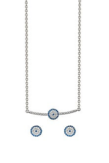 White Finish Electric Blue Crystal Evil Eye Pendant Necklace Set In Sterling Silver