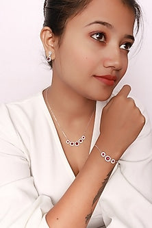 White Finish Red Crystal & Cubic Zirconia Choker Necklace Set In Sterling Silver