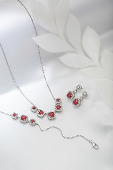 White Finish Red Crystal & Cubic Zirconia Choker Necklace Set In Sterling Silver