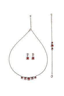 White Finish Red Crystal & Cubic Zirconia Choker Necklace Set In Sterling Silver