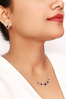 White Finish Red Crystal & Cubic Zirconia Choker Necklace Set In Sterling Silver