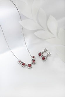 White Finish Red Crystal & Cubic Zirconia Choker Necklace Set In Sterling Silver