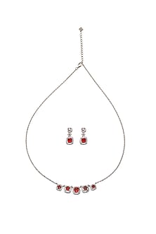 White Finish Red Crystal & Cubic Zirconia Choker Necklace Set In Sterling Silver