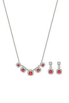 White Finish Red Crystal & Cubic Zirconia Choker Necklace Set In Sterling Silver