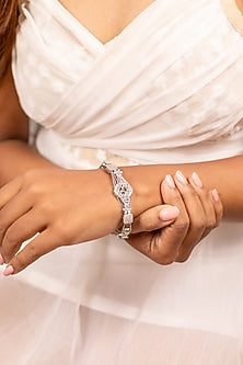 White Rhodium Finish Laser Cut Cubic Zirconia Retro Bracelet In Sterling Silver