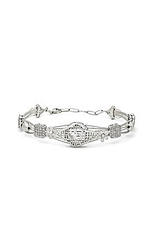 White Rhodium Finish Laser Cut Cubic Zirconia Retro Bracelet In Sterling Silver