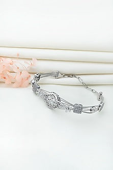 White Rhodium Finish Laser Cut Cubic Zirconia Retro Bracelet In Sterling Silver