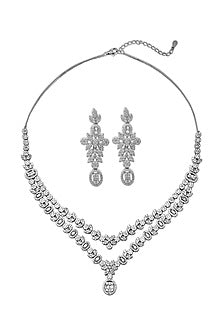 White Rhodium Finish Laser Cut Cubic Zirconia Necklace Set In Sterling Silver