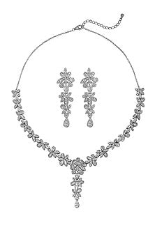 White Rhodium Finish Laser Cut Cubic Zirconia Necklace Set In Sterling Silver