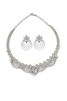 White Rhodium Finish Laser Cut Zircon Jasmine Necklace Set In Sterling Silver