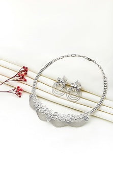 White Rhodium Finish Laser Cut Zircon Camellia Necklace Set In Sterling Silver