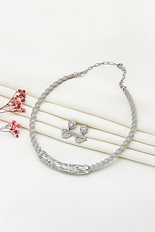 White Rhodium Finish Laser Cut Cubic Zirconia Necklace Set In Sterling Silver
