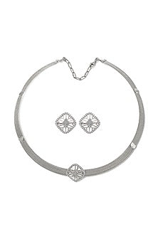 White Rhodium Finish Laser Cut Cubic Zirconia Quadrant Necklace Set In Sterling Silver