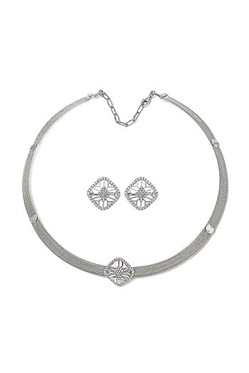 White Rhodium Finish Laser Cut Cubic Zirconia Quadrant Necklace Set In Sterling Silver