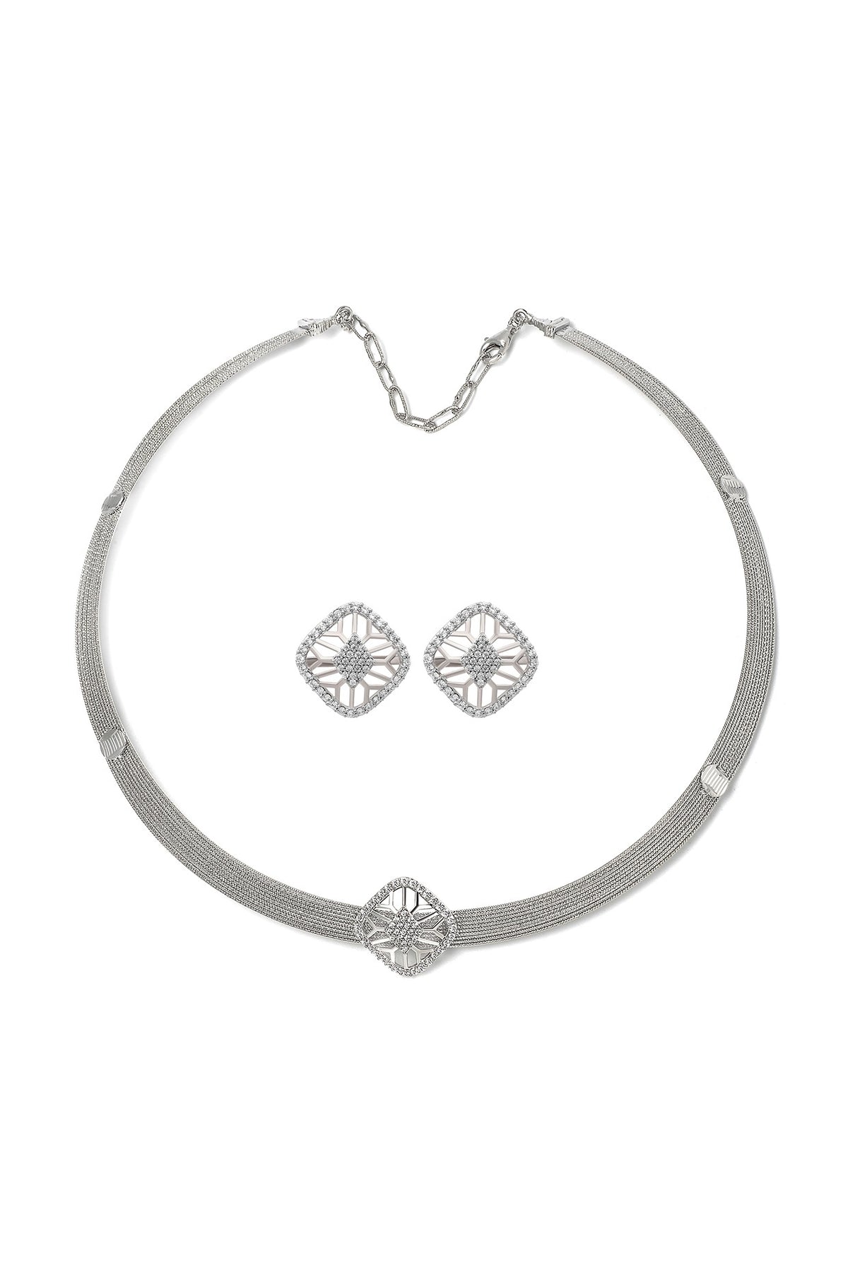 White Rhodium Finish Laser Cut Cubic Zirconia Quadrant Necklace Set In Sterling Silver