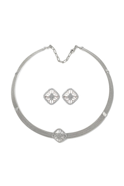 White Rhodium Finish Laser Cut Cubic Zirconia Quadrant Necklace Set In Sterling Silver