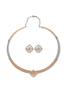Two-Tone Finish Laser Cut Cubic Zirconia Quadrant Necklace Set In Sterling Silver