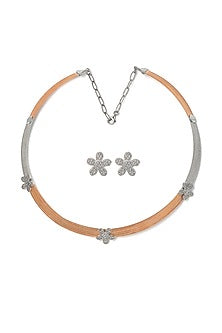 Two-Tone Finish Laser Cut Cubic Zirconia Floral Necklace Set In Sterling Silver