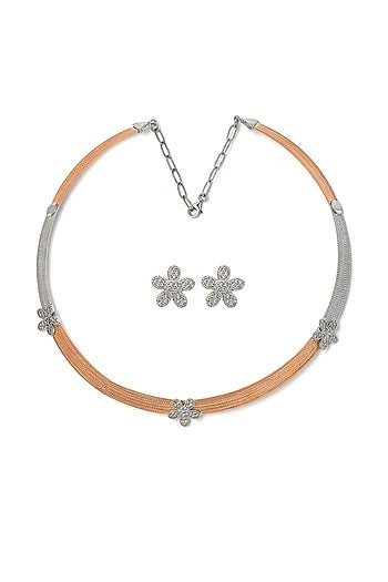 Two-Tone Finish Laser Cut Cubic Zirconia Floral Necklace Set In Sterling Silver