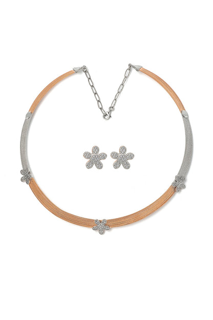 Two-Tone Finish Laser Cut Cubic Zirconia Floral Necklace Set In Sterling Silver