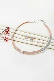 Two-Tone Finish Laser Cut Cubic Zirconia Floral Necklace Set In Sterling Silver