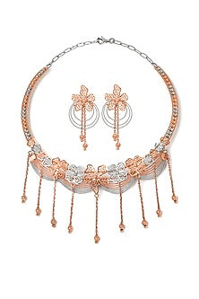 Two-Tone Finish Laser Cut Zircon Necklace Set In Sterling Silver