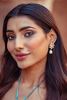 Gold Plated Kundan Polki & Pearl Drop Dangler Earrings In Sterling Silver