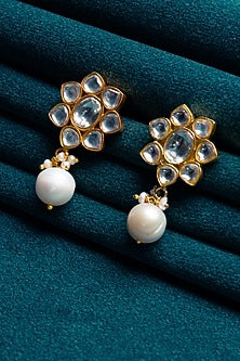 Gold Plated Kundan Polki & Pearl Drop Dangler Earrings In Sterling Silver