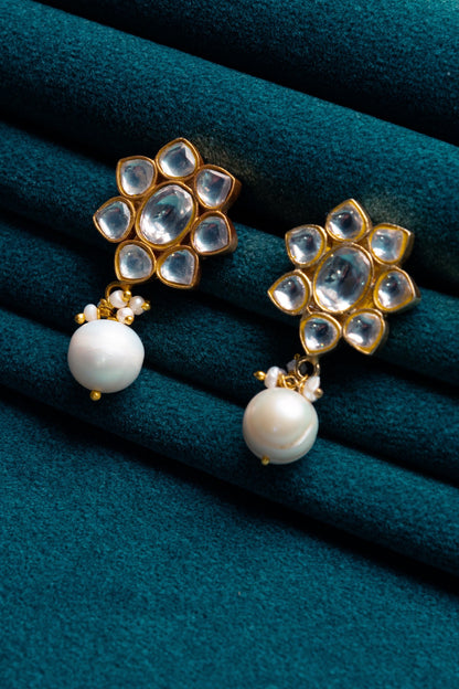 Gold Plated Kundan Polki & Pearl Drop Dangler Earrings In Sterling Silver