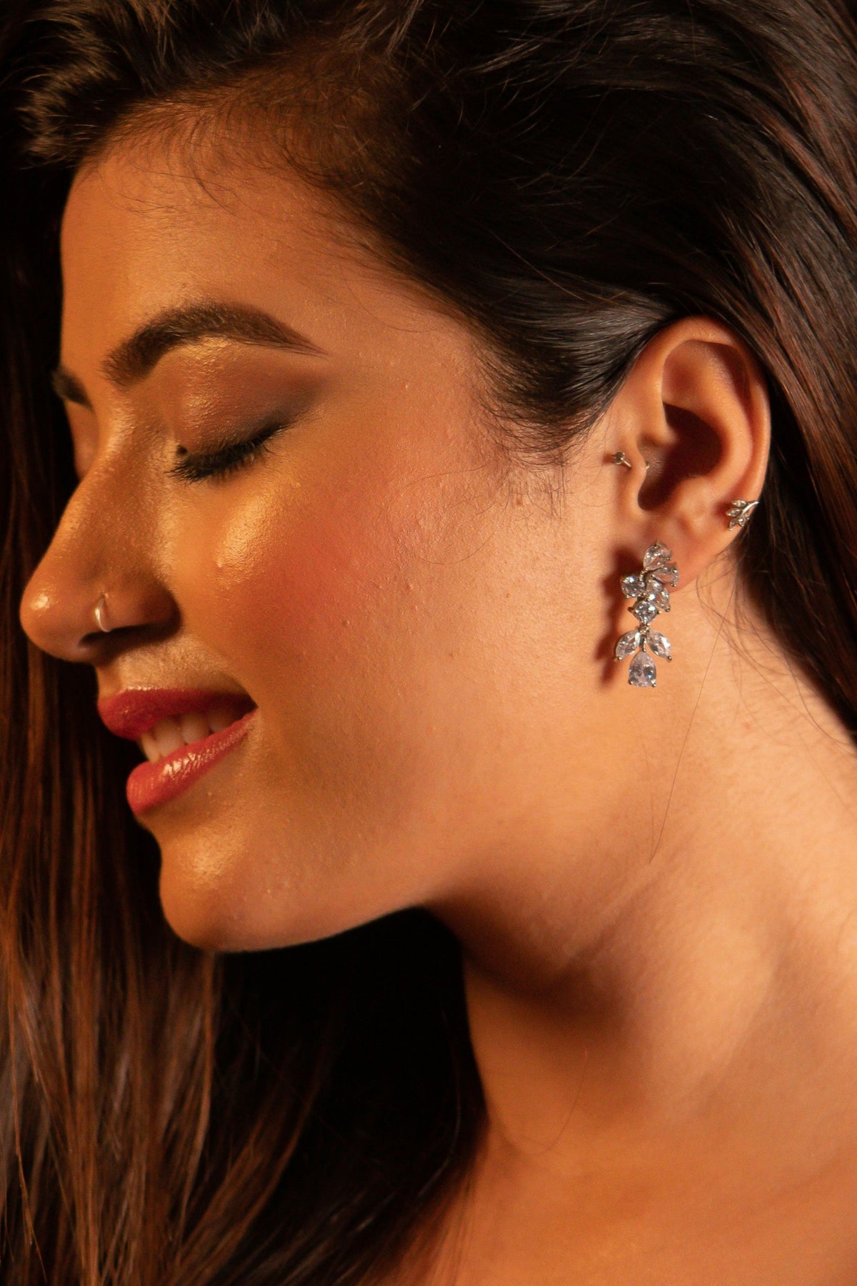 White Rhodium Finish Zircon Dangler Earrings In Sterling Silver