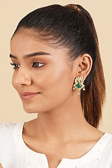 Gold Plated Green Stone & Pearl Dangler Earrings In Sterling Silver