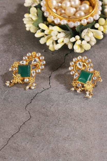 Gold Plated Green Stone & Pearl Dangler Earrings In Sterling Silver