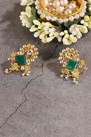 Gold Plated Green Stone & Pearl Dangler Earrings In Sterling Silver