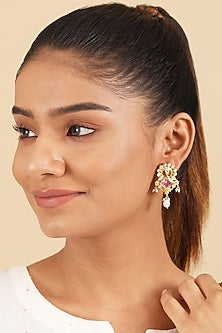 Gold Plated Pink Stone & Pearl Dangler Earrings In Sterling Silver