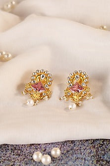 Gold Plated Pink Stone & Pearl Dangler Earrings In Sterling Silver