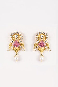 Gold Plated Pink Stone & Pearl Dangler Earrings In Sterling Silver
