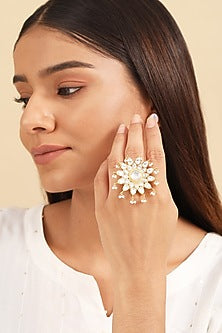 Gold Plated Kundan Polki & Pearl Ring In Sterling Silver