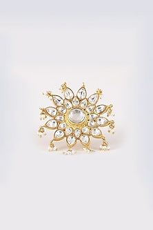 Gold Plated Kundan Polki & Pearl Ring In Sterling Silver