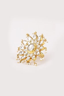 Gold Plated Kundan Polki & Pearl Ring In Sterling Silver