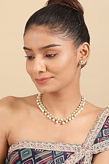 Gold Plated Kundan Polki & Pearl Necklace In Sterling Silver