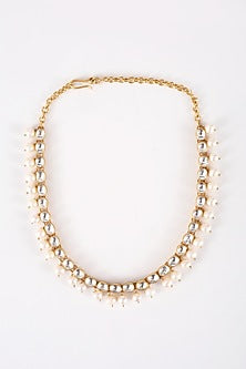Gold Plated Kundan Polki & Pearl Necklace In Sterling Silver