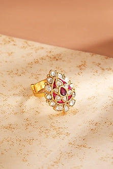 Gold Finish Kundan Polki & Red Stone Ring In Sterling Silver