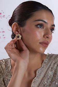 Gold Finish Zircon & Kundan Polki Stud Earrings In Sterling Silver