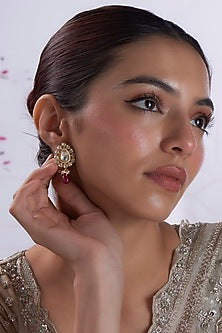 Gold Finish Zircon & Kundan Polki Dangler Earrings In Sterling Silver