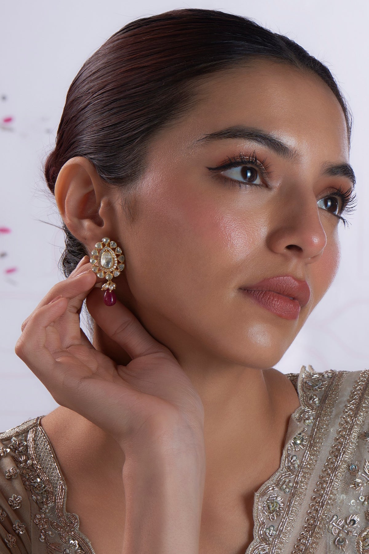Gold Finish Zircon & Kundan Polki Dangler Earrings In Sterling Silver