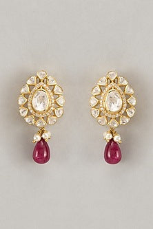Gold Finish Zircon & Kundan Polki Dangler Earrings In Sterling Silver