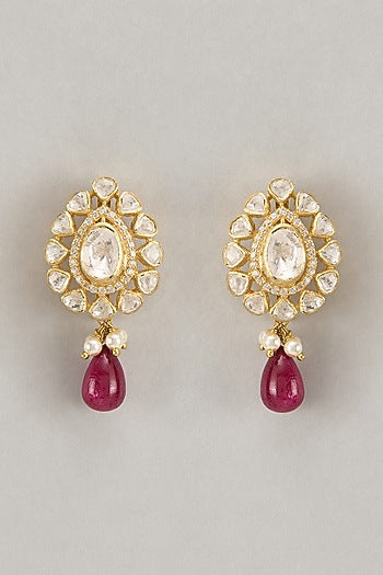 Gold Finish Zircon & Kundan Polki Dangler Earrings In Sterling Silver