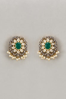 Black Rhodium Finish Pearl & Kundan Polki Stud Earrings In Sterling Silver